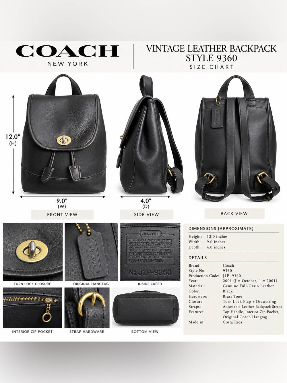Coach Black Vintage Leather Backpack with Brass Hardware